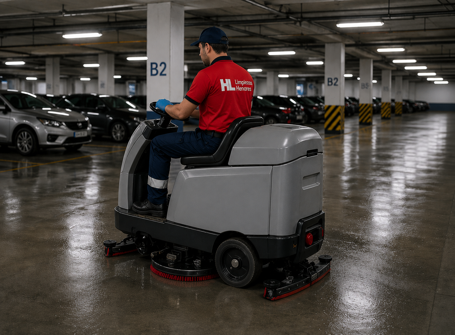 Fregadora industrial en aparcamiento · equipo Grupo LH
